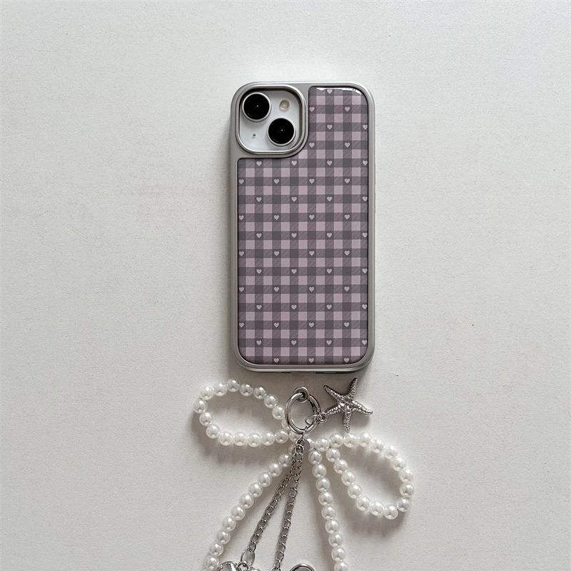 Y2K Phone Accessories - 핑크 퍼플 하트 모양 체크무늬 한국
