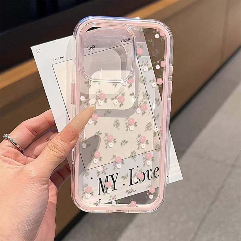 Xo Phone Accessories - 그린 리프 핑크 꽃 2in1 투명