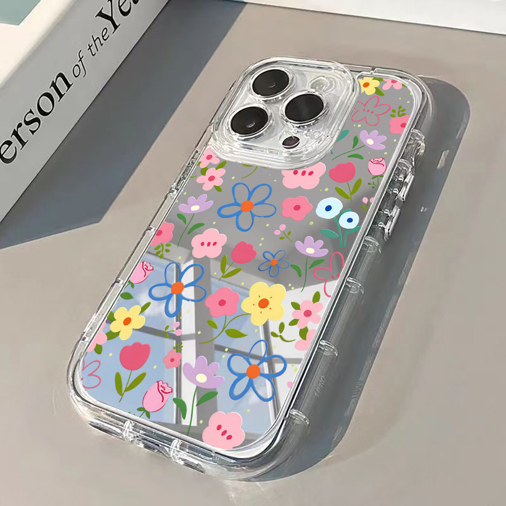 Xo Phone Accessories - 한국 스타일 꽃무늬 실버 미러 폰